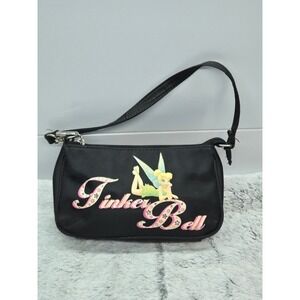 Disney Tinker Bell Black Shoulder‎ Bag Purse Fairy Script Logo Zip Small Handbag